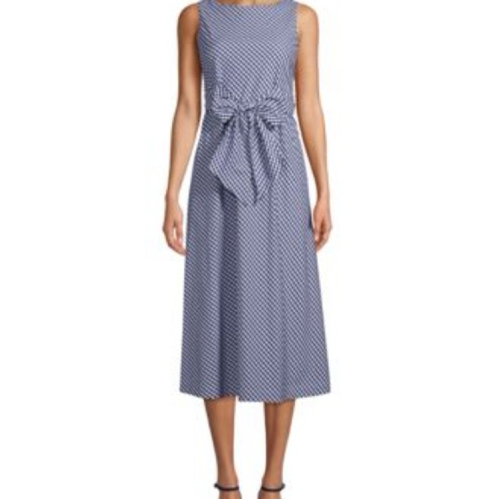 Anne Klein Navy Gingham Tie-Waist Midi Dress